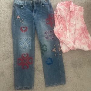 Lucky Brand embroidered boyfriend jeans and tie-dye button-down
